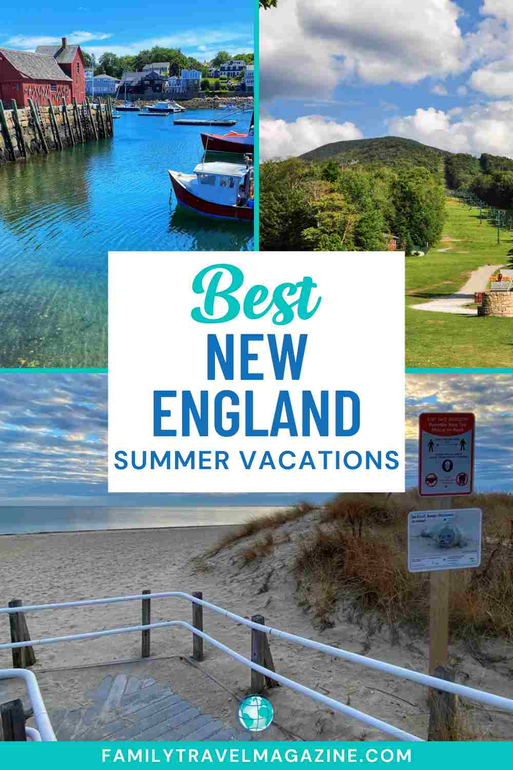 Red fishing hut, mountain in the summer, beach with pier entrance.