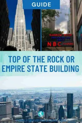 the Rockefeller center in New York City, the rainbow room/observation deck sign in New York City, the view from the top of the Empire State Building in new york city