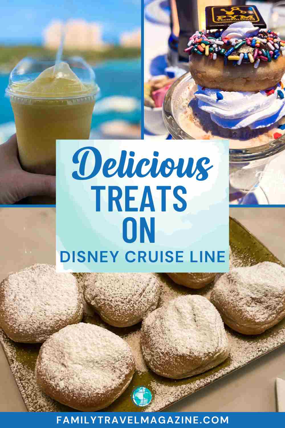 Dole Whip in front of Atlantis resort, donut on top of sundae, beignets with powdered sugar.