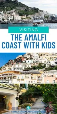 boat in water in front of seaside town, stacked buildings on cliff in Amalfi, entrance to hotel with gardens and statue.