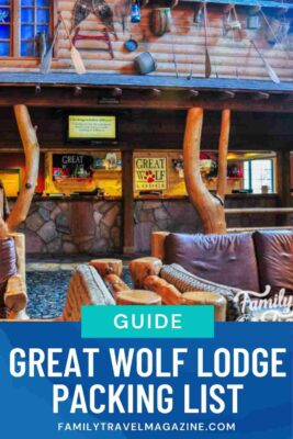 Wooden lobby and check in desk at Great Wolf Lodge