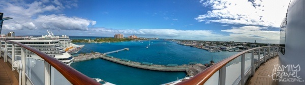 The Disney Dream docked at Nassau with other ships and Atlantis in the background. 