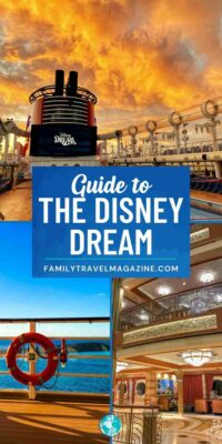 Disney Dream at sunrise, artium, and life preserver on deck