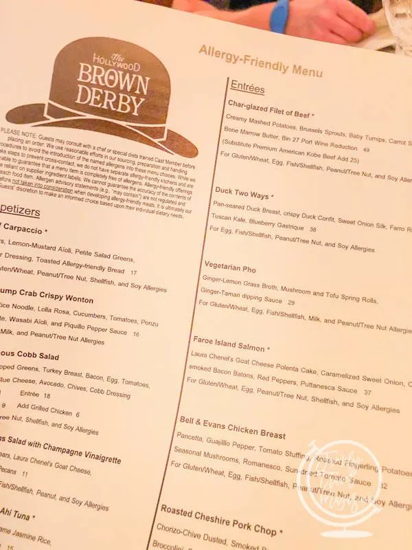 Menu at the Brown Derby 