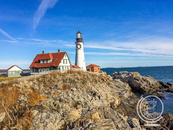 Portland Head Lighthouse with a wreath on it