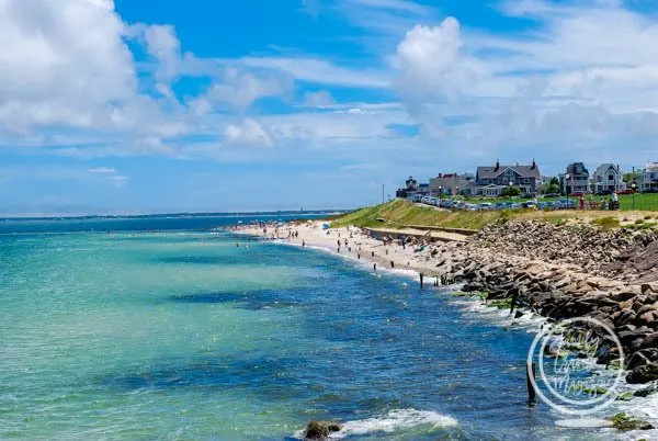 Martha's Vineyard view of coastline and beach with blue/green ocean water