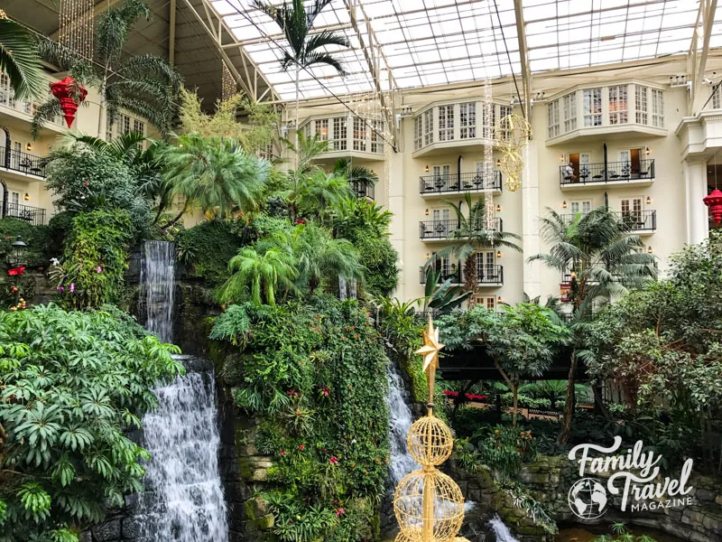 Waterfall and greenery in hotel with glass roof