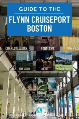 Exterior of Flynn cruiseport with signs advertising the different destinations, including Charlottetown, Portland, and Nova Scotia