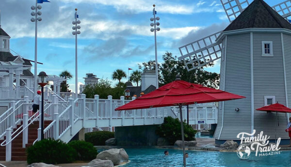 Stormalong Bay at Disney's Beach Club Resort with windmill, and umbrellas
