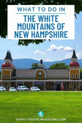 Yellow North Conway train station with mountains and clouds