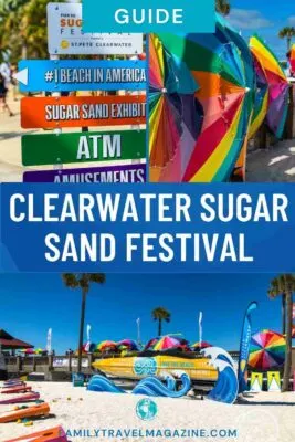a sign that says "#1 beach in america" and "sugar sand exhibit", many colorful umbrellas lined up on the beach, a decorative a boat on the beach with colorful umbrellas and palm trees