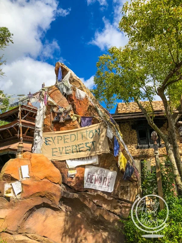 Expedition Everest mountain statue sign at the entrance