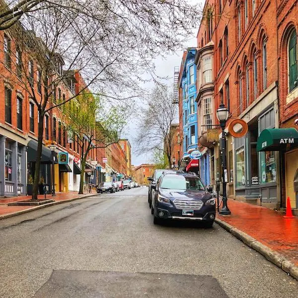 Portland Maine street in the winter with red brick buildings