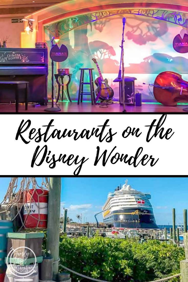 Disney Wonder restaurants, including Tiana's Place, Cabanas, Triton's, Animator's Palate and Palo. 