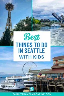 Space Needle, open bridge over lock, Seattle Wheel and boat on waterfront