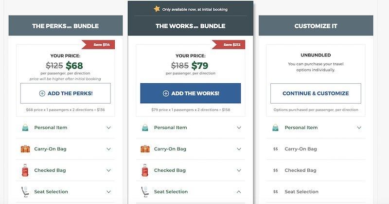Screenshot showing options for flight purchases