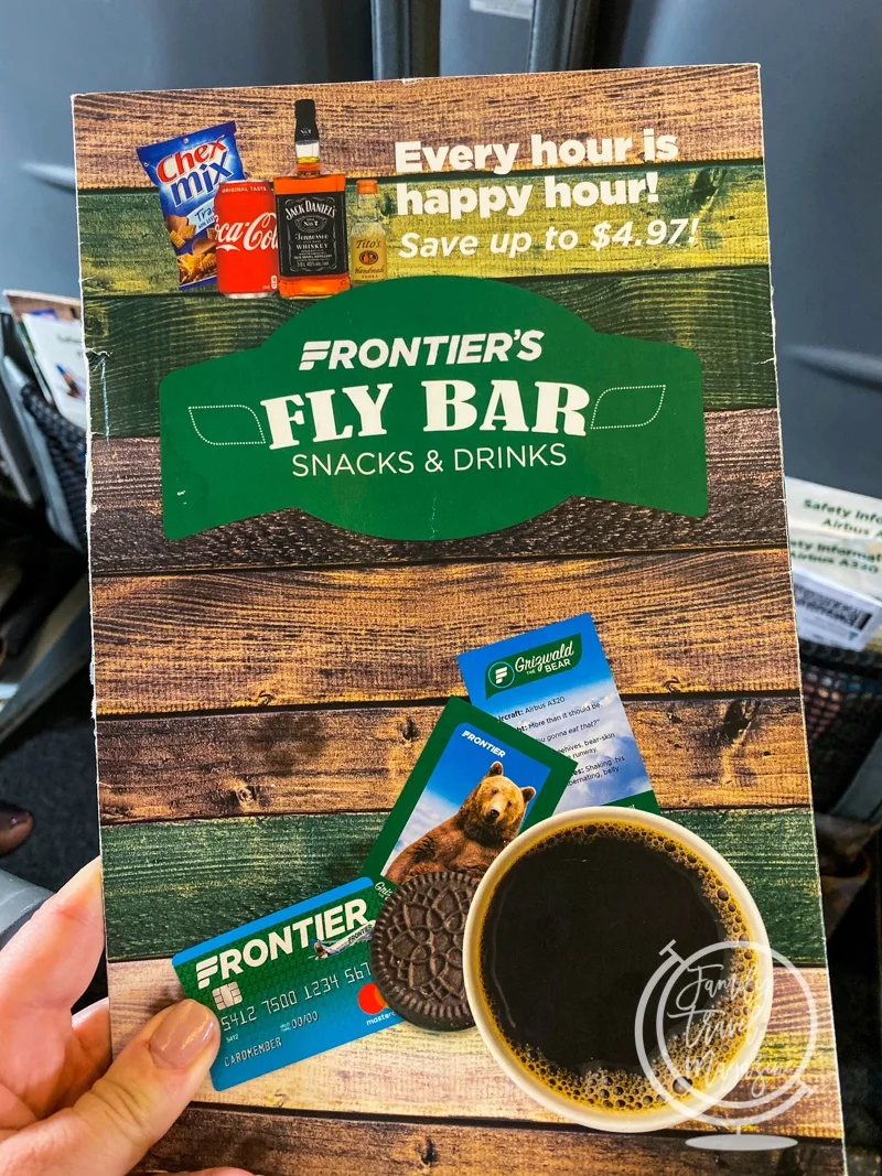 The snack and drink selection menu on Frontier
