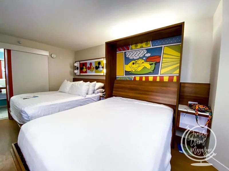 A room at Pop Century with the Queen-Size Table Bed down. 