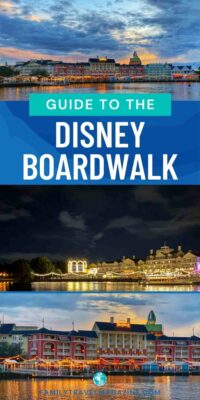 Disney Boardwalk exterior at sunset, at night, and at dusk