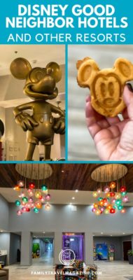 Mickey statue, Mickey waffle, lobby of hotel with colorful light fixtures. 