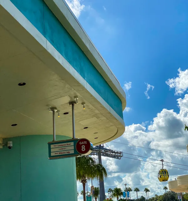 Bus station at Hollywood Studios with Skyliner in the background