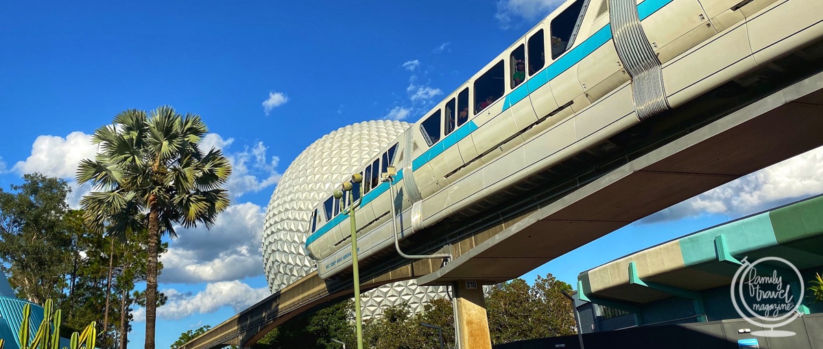 Spaceship Earth with the monorail in front of it