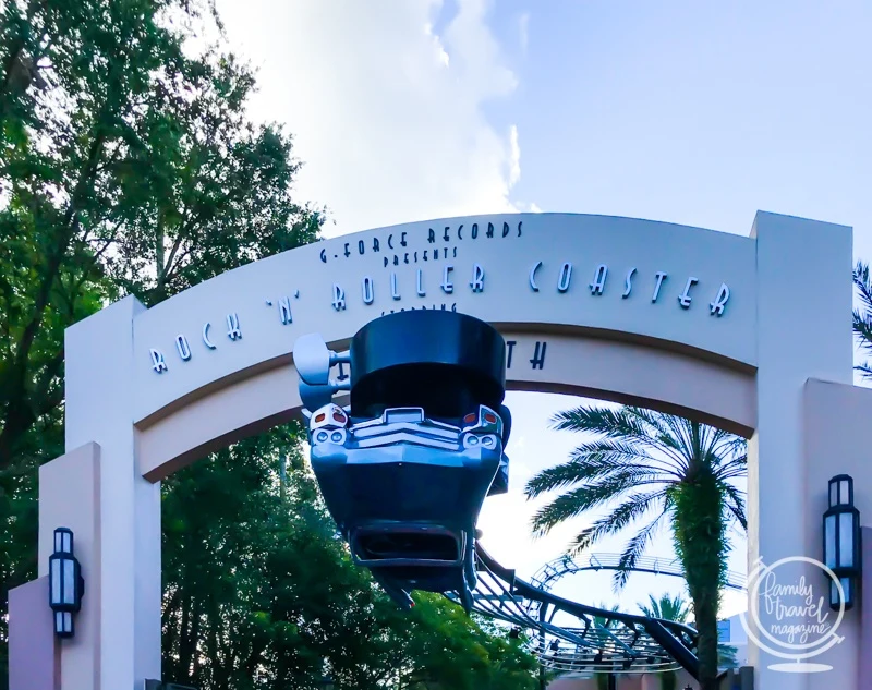 Entrance to the plaza with the Rock N Roller Coaster - one ride with a single rider line. 