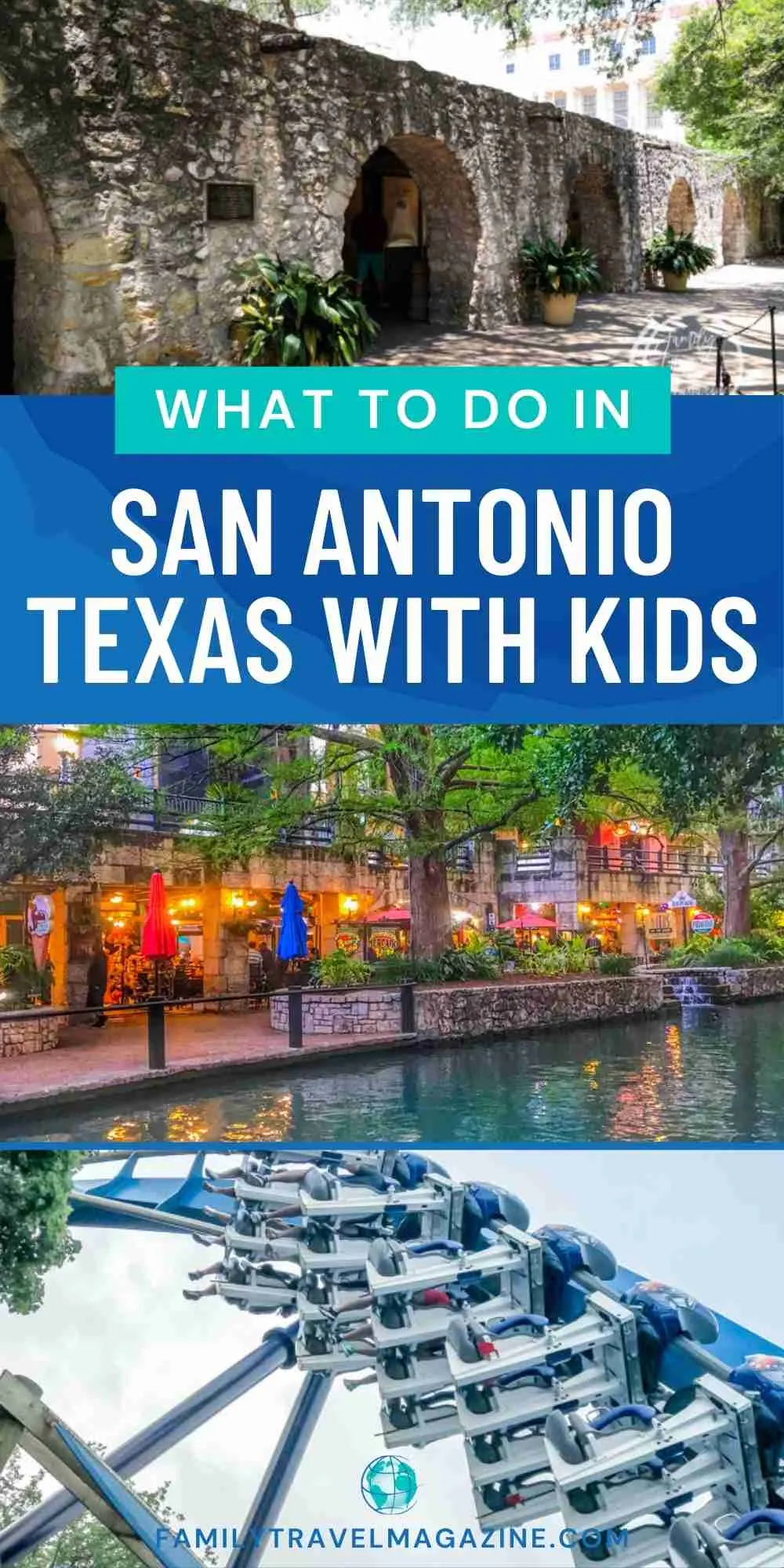 an old stone building with arches and potted plants, the riverwalk lit up, a blue and white roller coaster at an amusement park