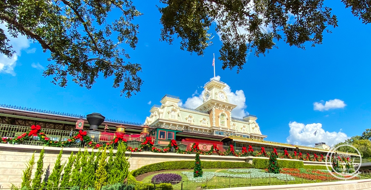 The Magic Kingdom Train Station decorated for Christmas 