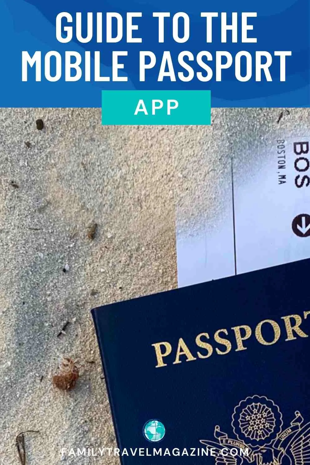 Passport and boarding pass in the sand.