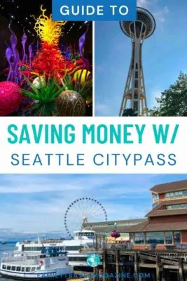 Chihuly glass, Space Needle, boat on waterfront with ferris wheel in the background.