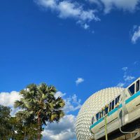 Epcot Spaceship Earth with the Monorail in the foreground