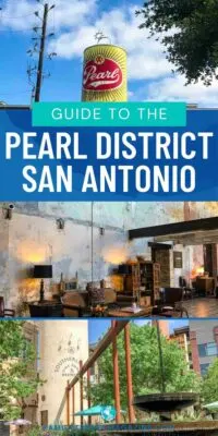 Pearl District San Antonio collage with Pearl Brewery statue on top of building, lobby of Hotel Emma with seating and warm lighting, and outdoor fountain and silo 