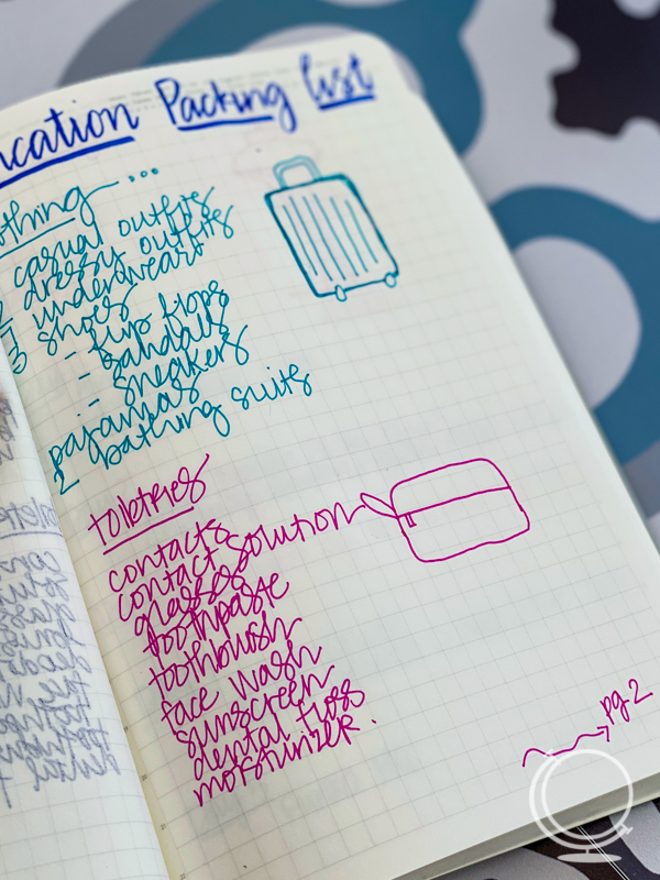 Handwritten vacation packing list drawing