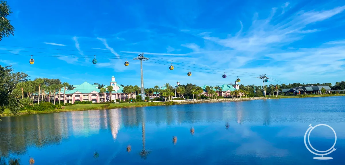 Skyliner over water and resort at Disney's Caribbean Beach Resort 