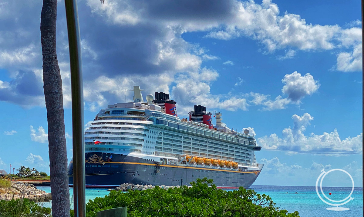 Disney Dream from tram at Castaway Cay (post: best time to go on a disney cruise)
