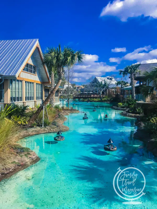 water feature in Disney Springs with buildings around it