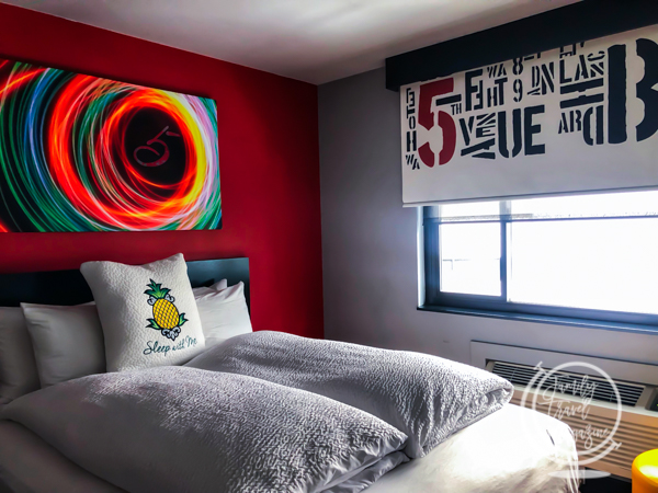 Bed in colorful hotel room