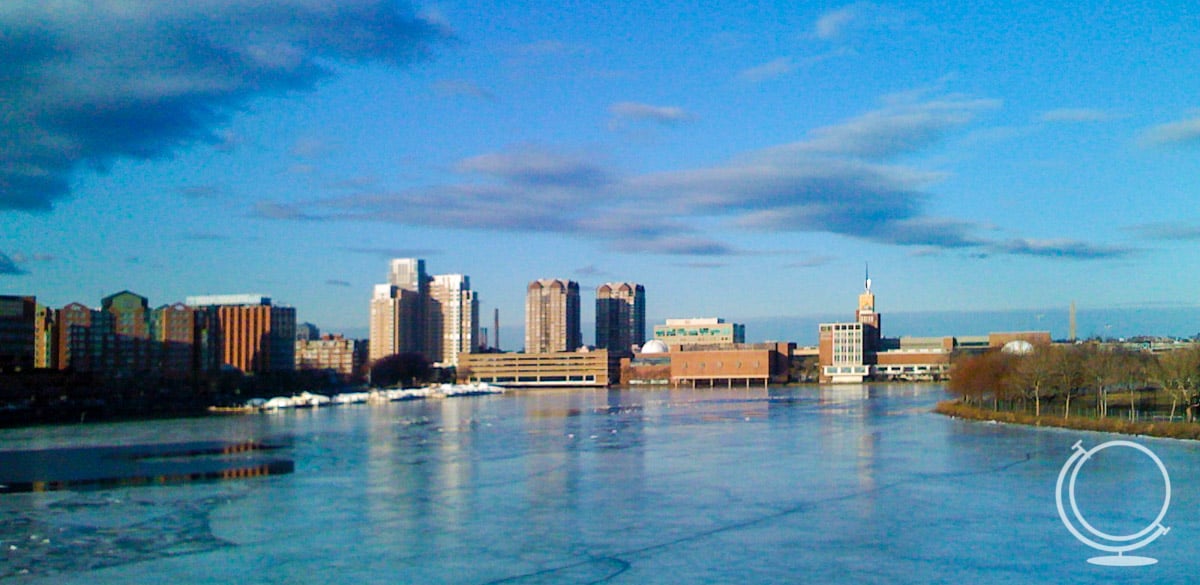 The Charles River with the Boston Museum of Science in the distance 