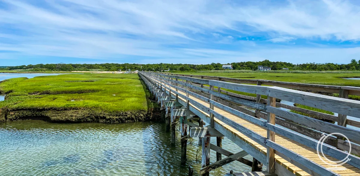 Beach with seagrass and a large boardwalk