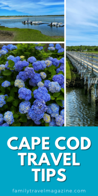 Cape Cod travel collage with beach, boardwalk, and hydrangeas