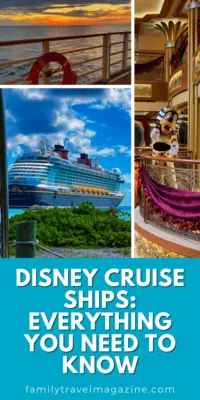 Disney Cruise Ships collage with sunset over a deck, Goofy in Halloween costume, and a ship docked at Castaway Cay. 
