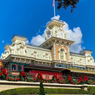 The Magic Kingdom Train Station decorated for Christmas