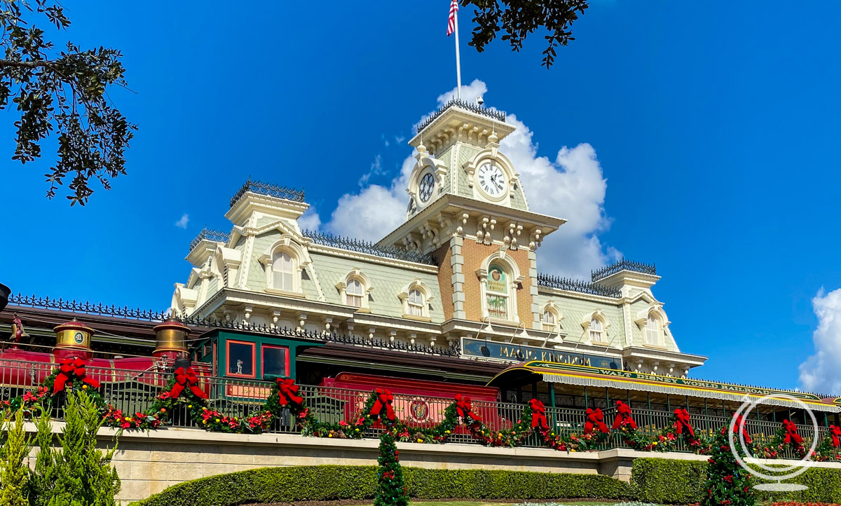 The Magic Kingdom Train Station decorated for Christmas - (the Average Cost of a Disney World Vacation)