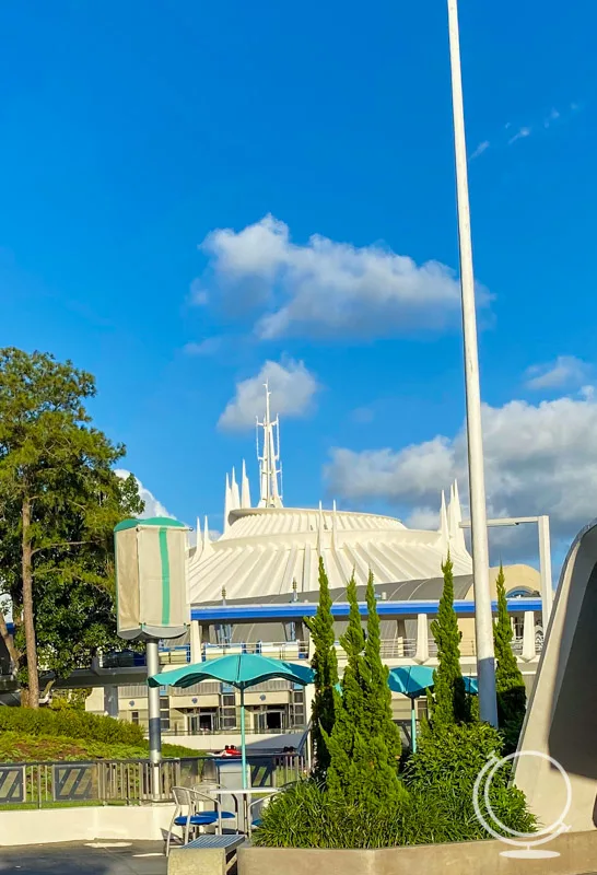 Exterior of white Space Mountain building