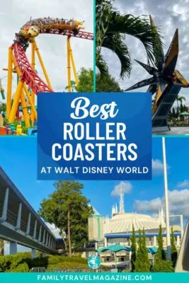 Best roller coasters at WDW collage including Slinky Dog dash ride vehicle, star statue outside Cosmic Rewind, exterior of Space Mountain from a distance.