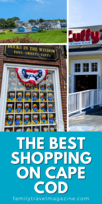 Collage with artist shanties in Hyannis, exterior of Cuffy's, and rubber ducks in window: The best shopping on Cape Cod. 