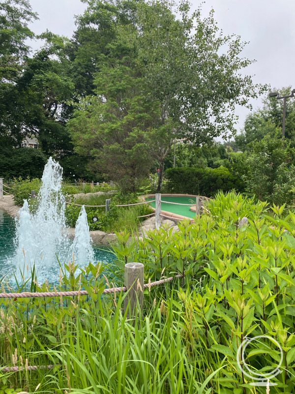 Mini golf hole with greenery and a water feature