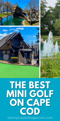 Collage with mini sunken ship in a pond, water feature, and green surrounding hole with a building in the background.