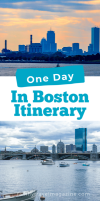 Collage with two photos of Boston skyline - at sunset and during the day.